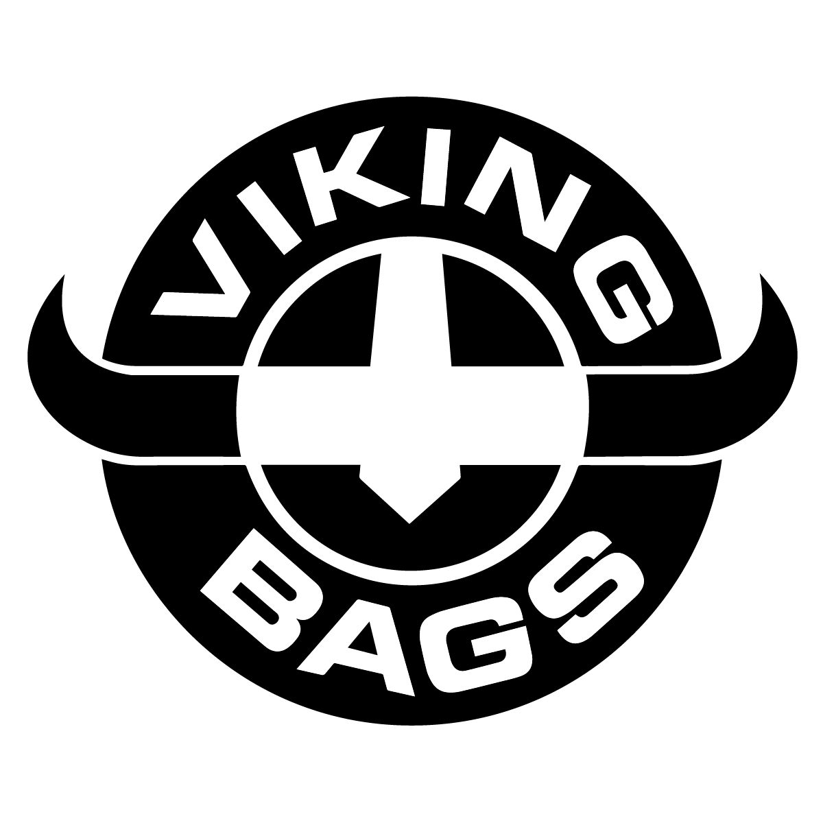 Viking Bags sponsor logo displayed in black and white, featuring a stylized Viking helmet with horns and the company name encircling the design. Viking Bags is a valued sponsor and partner supporting the outreach efforts of Wheels of Faith Motorcycle Ministry.